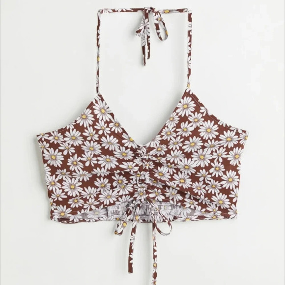 Brown Daisy Halterneck Crop Top - Picture 1 of 5